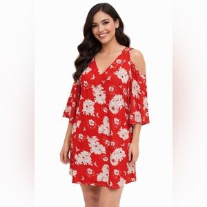 Skies Are Blue Red Floral Cold Shoulder Dress Boho Casual Swing